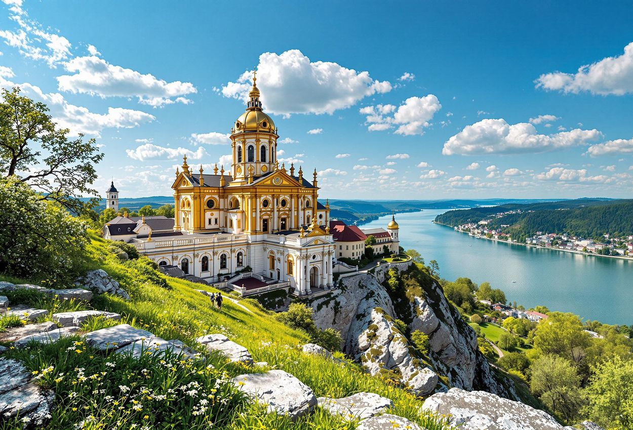 A panoramic photograph of Melk Abbey in Austria, perched on a rocky outcrop overlooking the Danube River. The baroque architecture of the abbey is stunning, with its golden facade shimmering in the sunlight. The Danube River flows gently in the background, reflecting the clear blue sky.