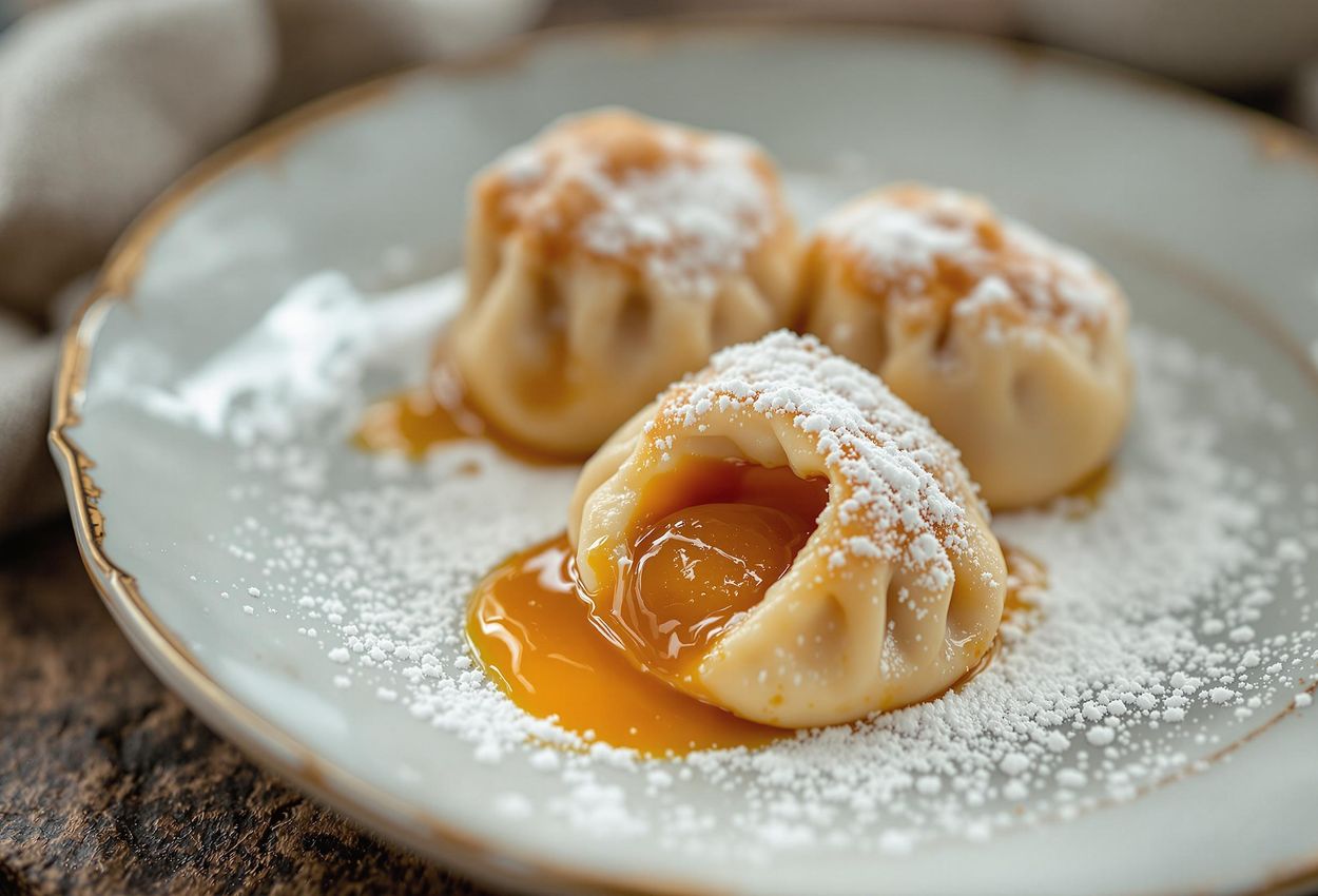 A detailed close-up photograph of traditional Wachauer Marillenknödel, Austrian apricot dumplings, dusted with powdered sugar, showcasing the culinary heritage of the Wachau Valley.