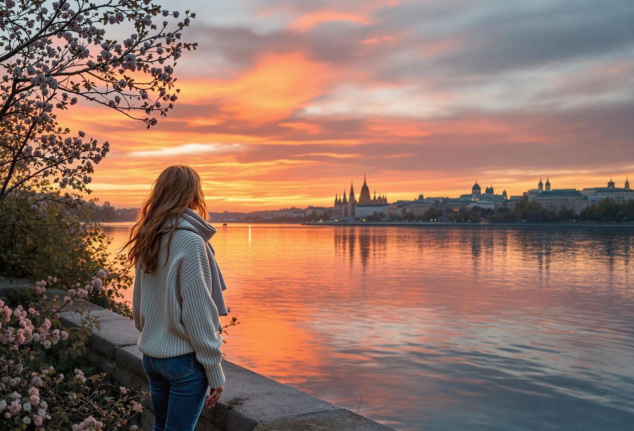 A scenic photograph capturing a serene sunset over the Danube River in Budapest, with a lone figure enjoying the view. The image showcases the vibrant colors of the sky reflecting on the water, creating a peaceful and picturesque scene.