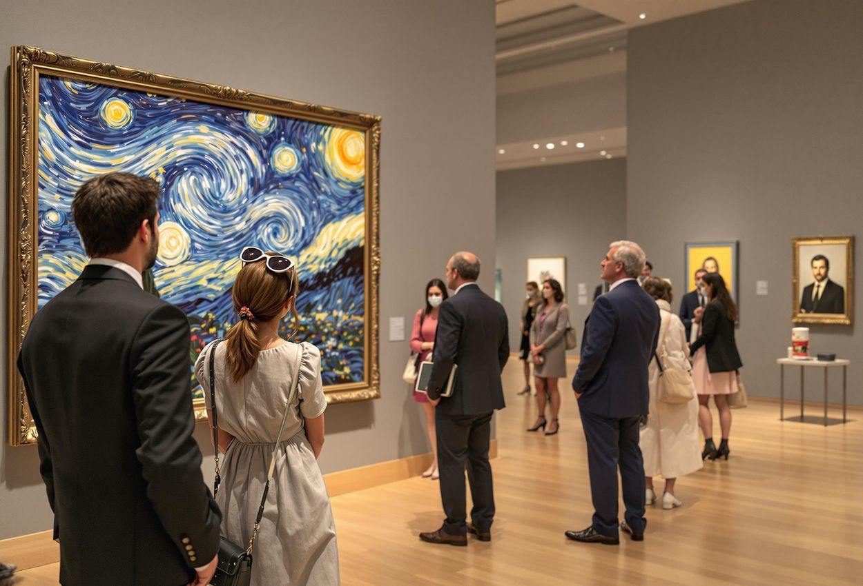 A photograph capturing the interior of the Museum of Modern Art in New York City, featuring visitors admiring Van Gogh