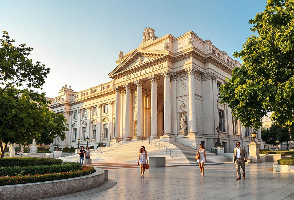 A stunning photograph of the Museo del Prado in Madrid, showcasing its neoclassical architecture bathed in the warm light of the late afternoon sun. Pedestrians stroll along the Paseo del Prado, adding a sense of life and scale to this iconic landmark.