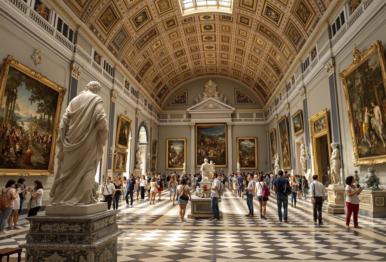 A photograph capturing the stunning interior of the Uffizi Gallery in Florence, showcasing its Renaissance art and architecture.