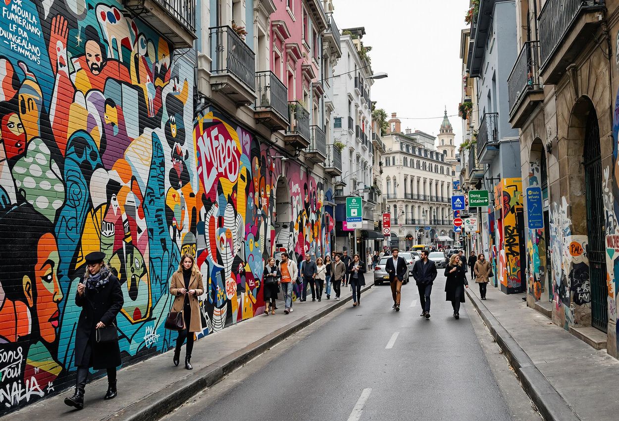 Vibrant Street Art in Buenos Aires, Argentina A photograph capturing a lively street in Buenos Aires, Argentina, adorned with colorful murals and graffiti art on a slightly overcast day.