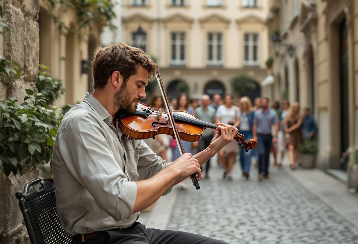 A candid photograph capturing a street musician performing in a charming, hidden courtyard in Vienna