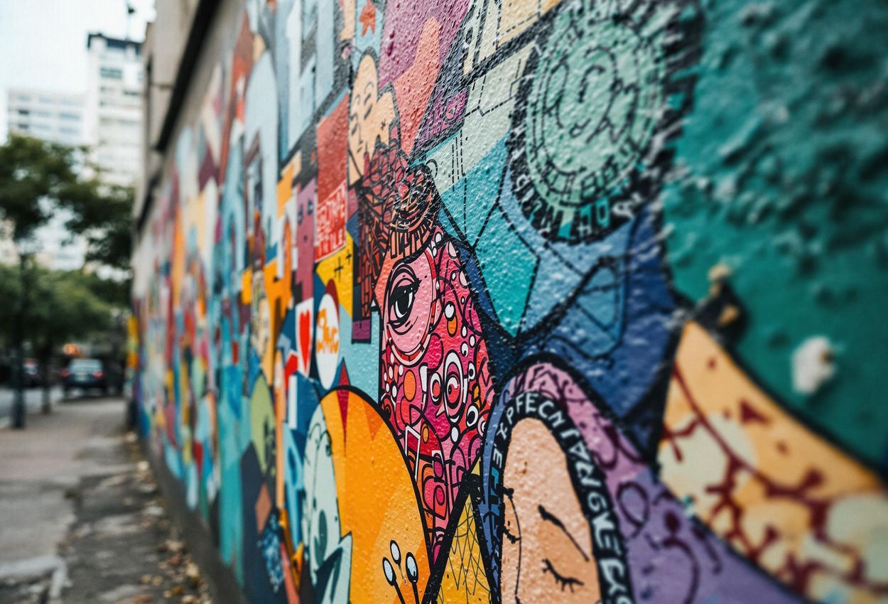 Vibrant Street Art Mural in Palermo, Buenos Aires A detailed photograph capturing a colorful street art mural in Palermo, Buenos Aires. Showcasing the district