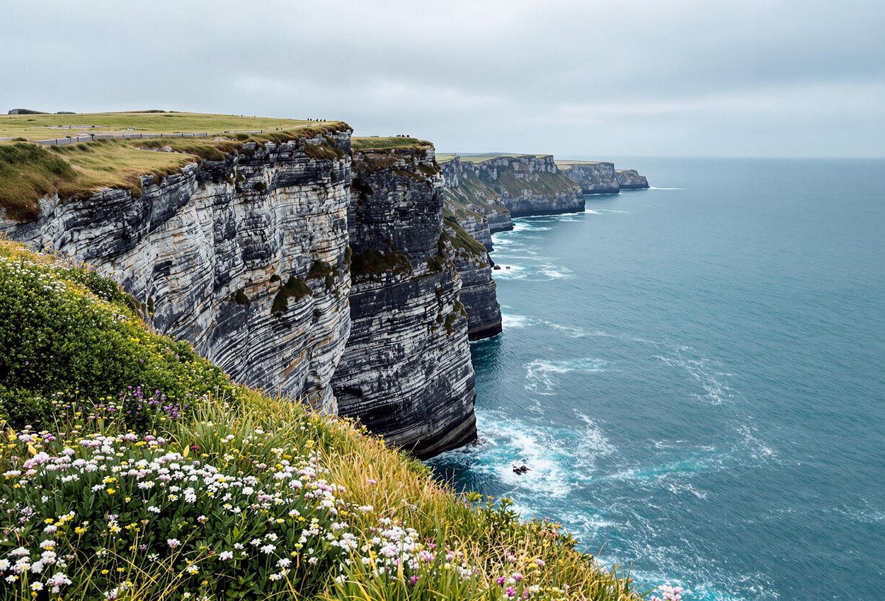 A landscape photograph of the rugged coastline in St. Ives, Cornwall, featuring dramatic cliffs overlooking the deep blue sea under an overcast sky.