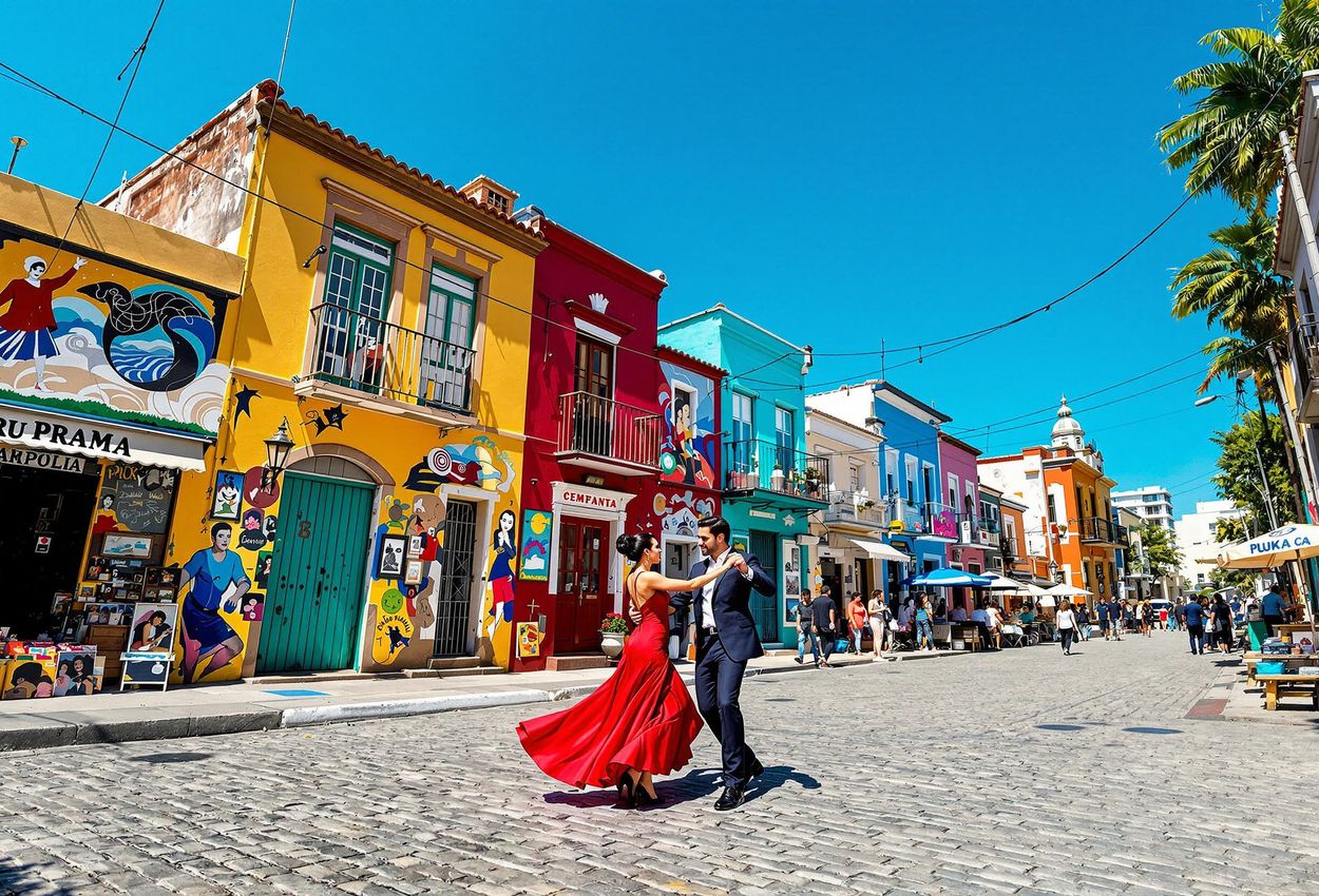 Caminito, La Boca: A Vibrant Day in Buenos Aires A wide-angle photograph capturing the colorful street of Caminito in La Boca, Buenos Aires, featuring tango dancers, vibrant buildings, and a lively atmosphere.
