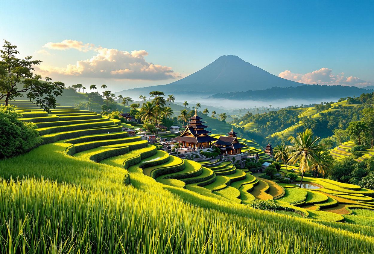 A serene morning landscape capturing the beauty of Ubud, Bali, featuring lush rice paddies, traditional temples, and soft golden light.