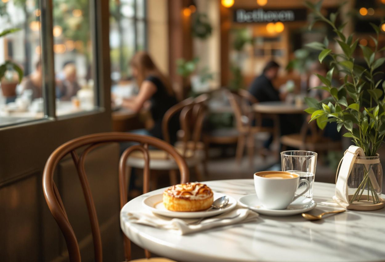 A photograph capturing the serene atmosphere of a traditional Viennese cafe, focusing on a quiet corner where Beethoven once found inspiration.
