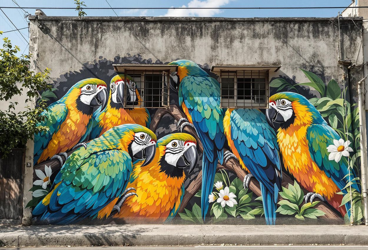 El Cuento de los Loros Mural, Villa Urquiza, Buenos Aires An eye-level macro photograph captures the intricate details of the