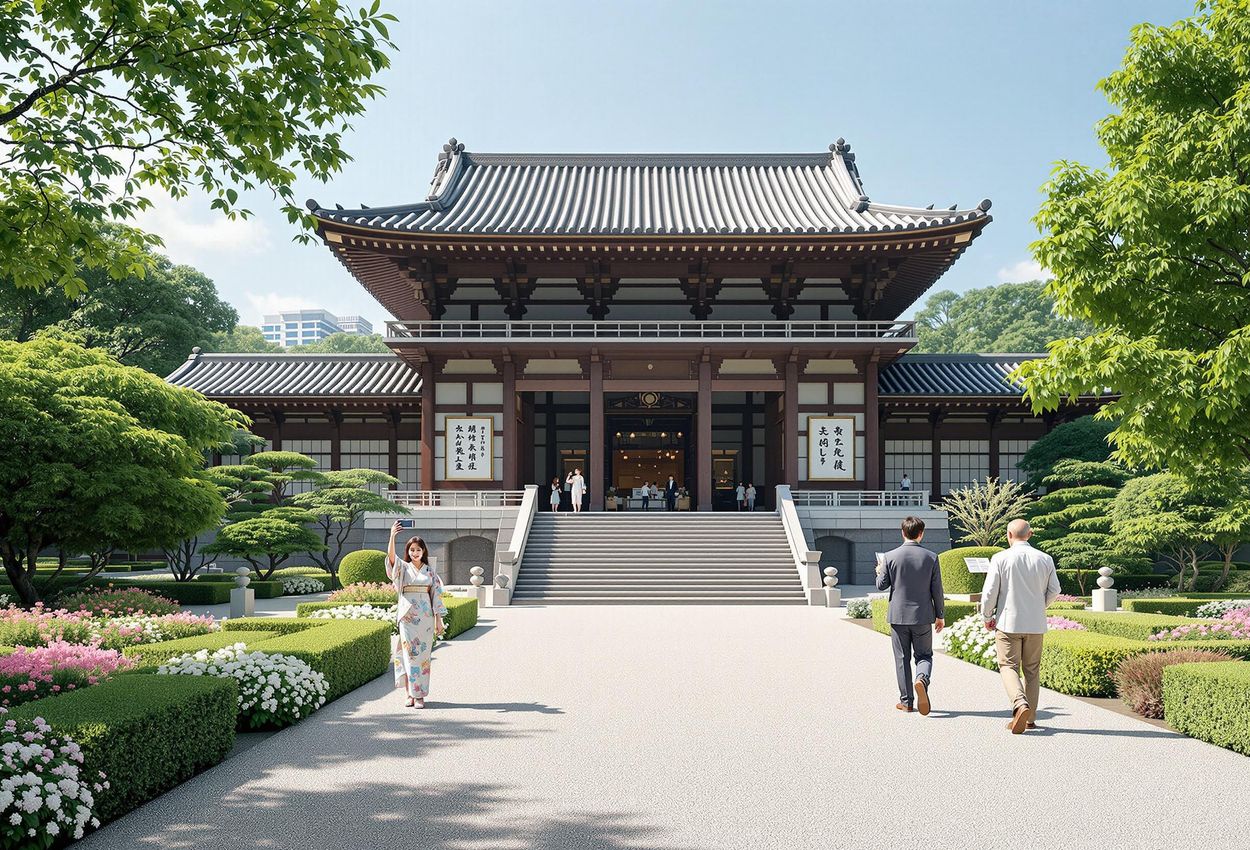 Exterior view of the Tokyo National Museum on a clear summer day, showcasing its traditional architecture, tranquil gardens, and visitors enjoying the cultural experience.