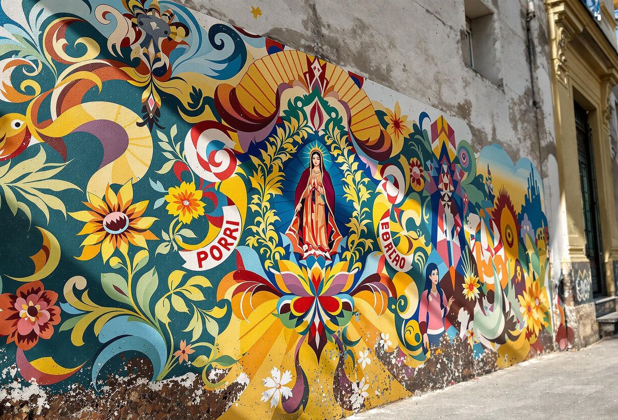 Fileteado Porteño Art: A Vibrant Close-Up in Buenos Aires A detailed photograph showcasing the intricate Fileteado Porteño art on a building in Buenos Aires, capturing its vibrant colors, elaborate ornamentation, and cultural significance.