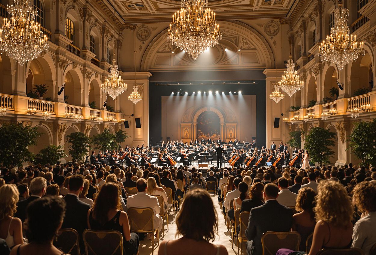 A wide-angle photograph capturing the grandeur of a summer concert at Schönbrunn Palace