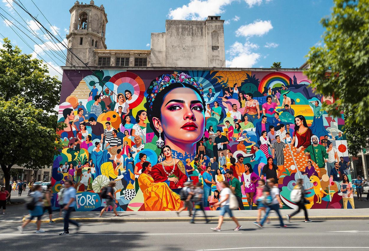 A detailed photograph of a colorful mural in Mexico City, showcasing Mexican history and culture.