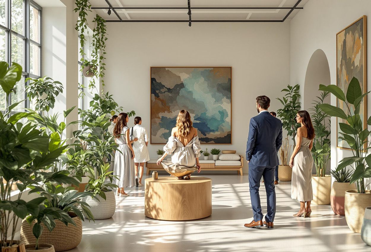 A daytime photograph of a bright, naturally lit art gallery featuring sustainable art made from recycled materials, showcasing visitors admiring the eco-conscious exhibits.
