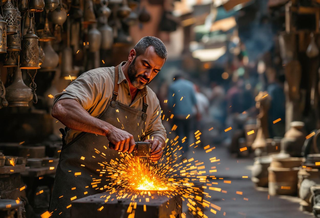 A captivating photograph of a blacksmith shaping metal in the heart of Souk Haddadine, Marrakech, capturing the timeless tradition and raw energy of Moroccan craftsmanship.