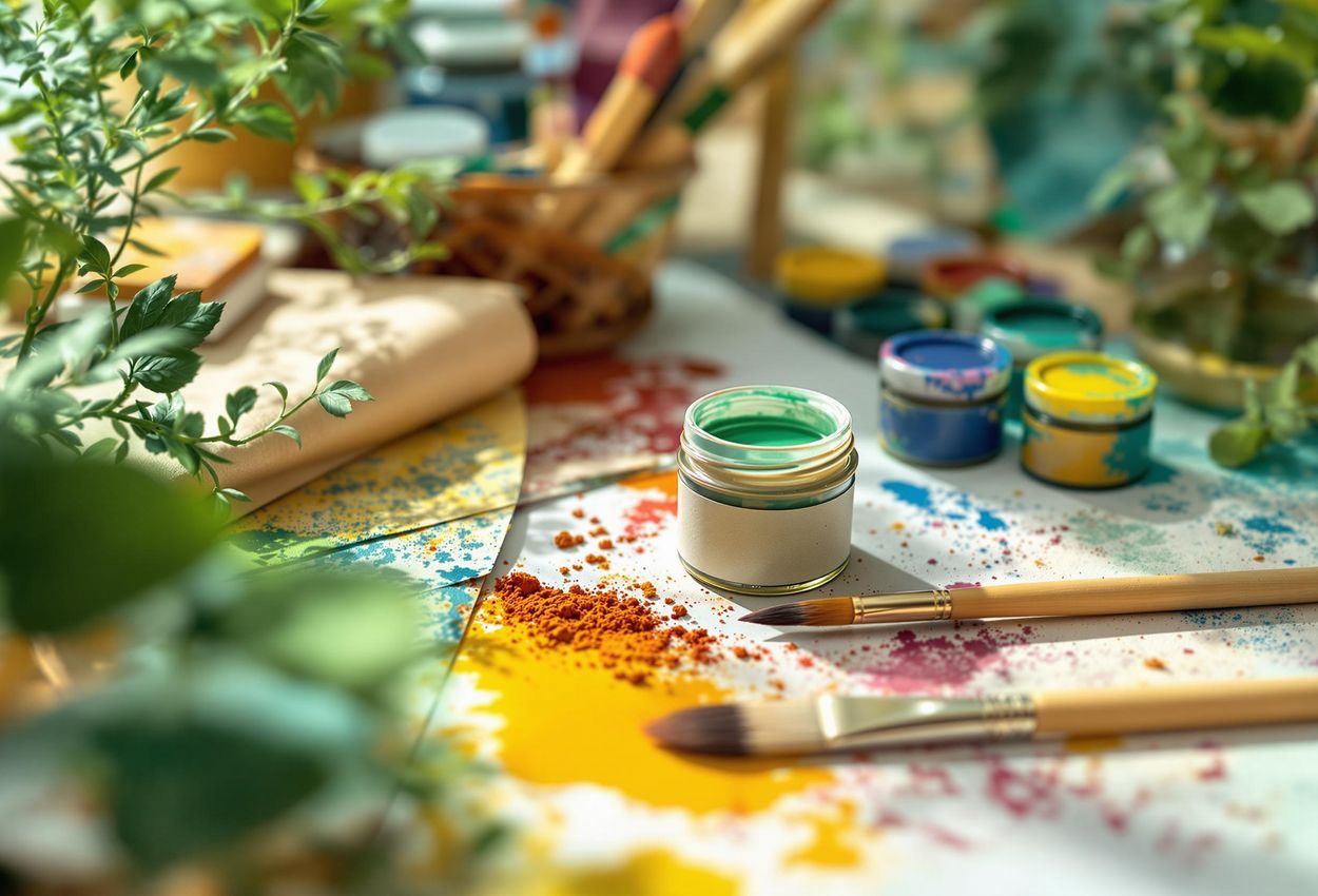 A macro photograph capturing a vibrant display of eco-friendly art supplies, including recycled paper, bamboo brushes, and non-toxic paints in a brightly lit art studio.
