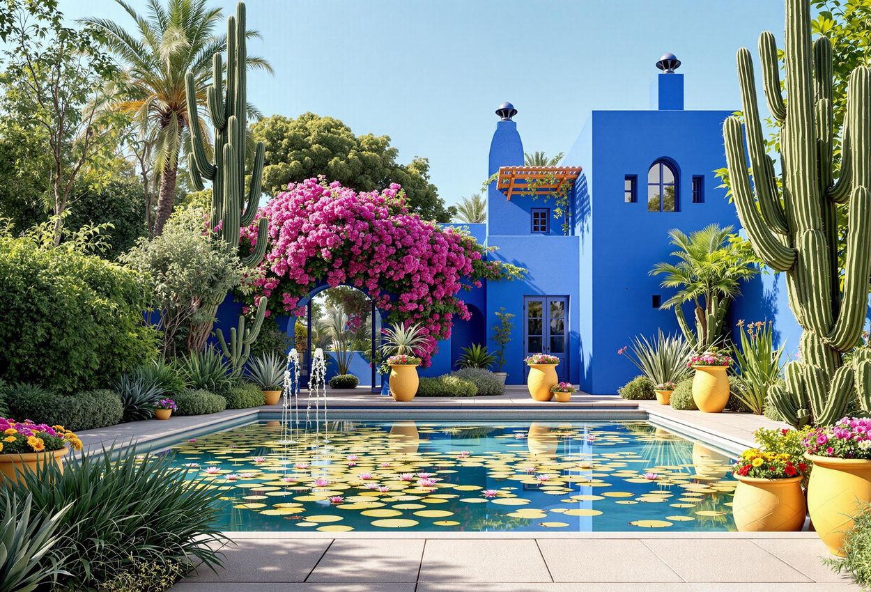 A serene photograph capturing the beauty of Majorelle Garden in Marrakech, showcasing the iconic blue villa, lush greenery, and tranquil water features.