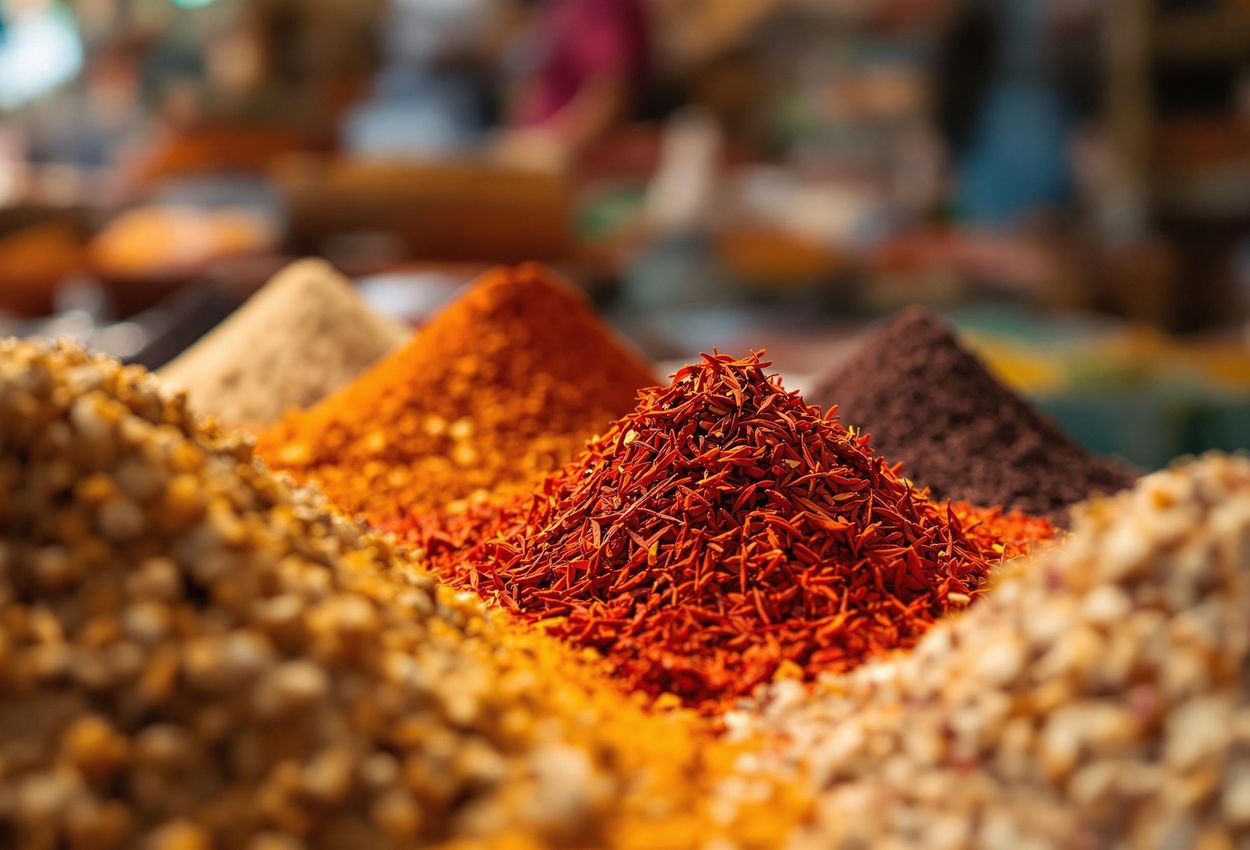 A close-up photograph capturing the rich colors and textures of saffron, cumin, and ras el hanout in a Marrakech spice market. A sensory exploration of Moroccan cuisine.