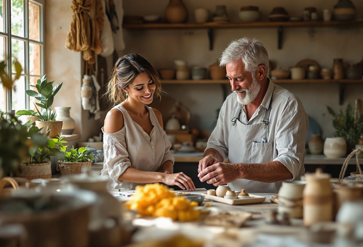 A candid photograph capturing a cultural exchange between a traveler and a local artisan in a traditional workshop, showcasing craftsmanship and connection.