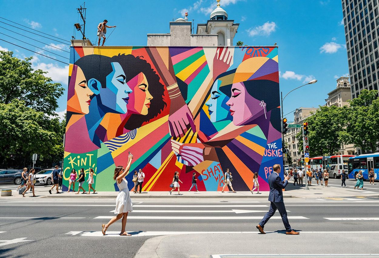 A photograph capturing a colorful mural in a bustling city, symbolizing unity and diversity, with pedestrians and traffic adding to the dynamic street scene.