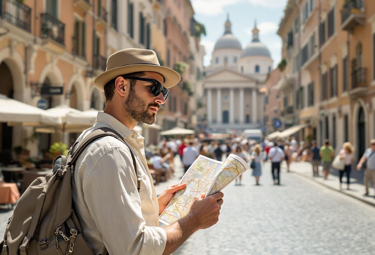 A photograph capturing a traveler using a paper map on a vibrant street in Rome, surrounded by locals and stunning architecture.