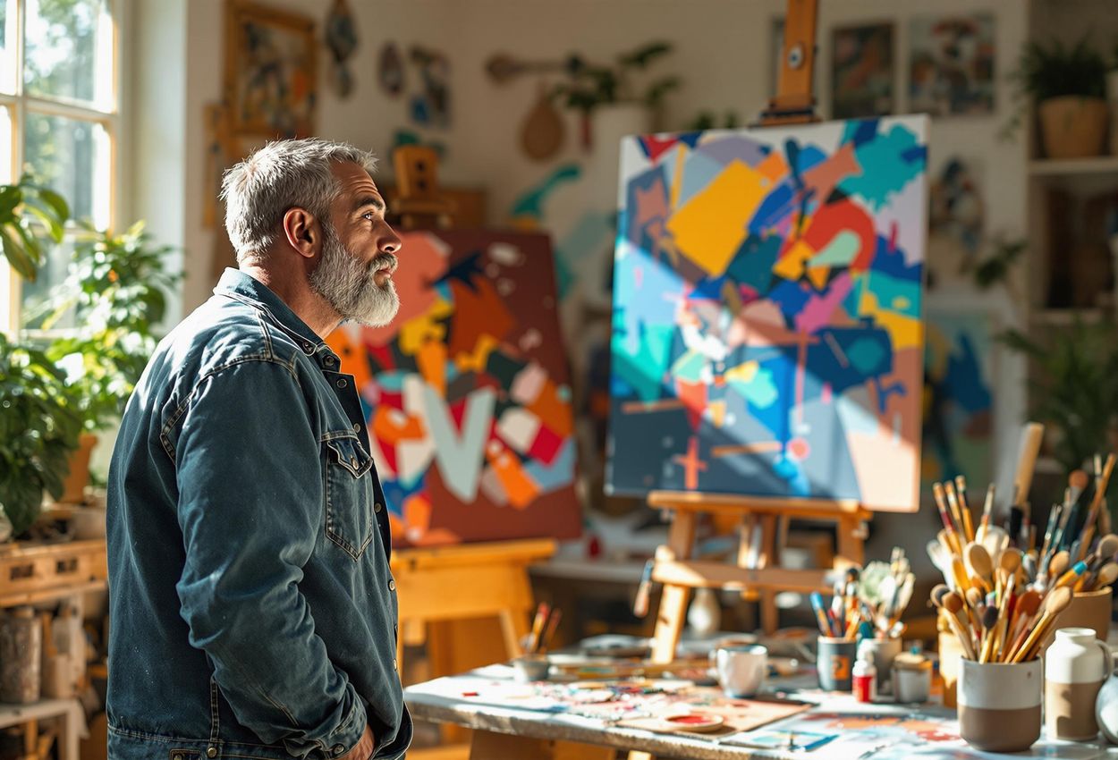A photograph capturing a traditional artist in their studio, thoughtfully observing an AI-generated artwork on a large screen. Warm lighting highlights the textures and colors of the creative space.