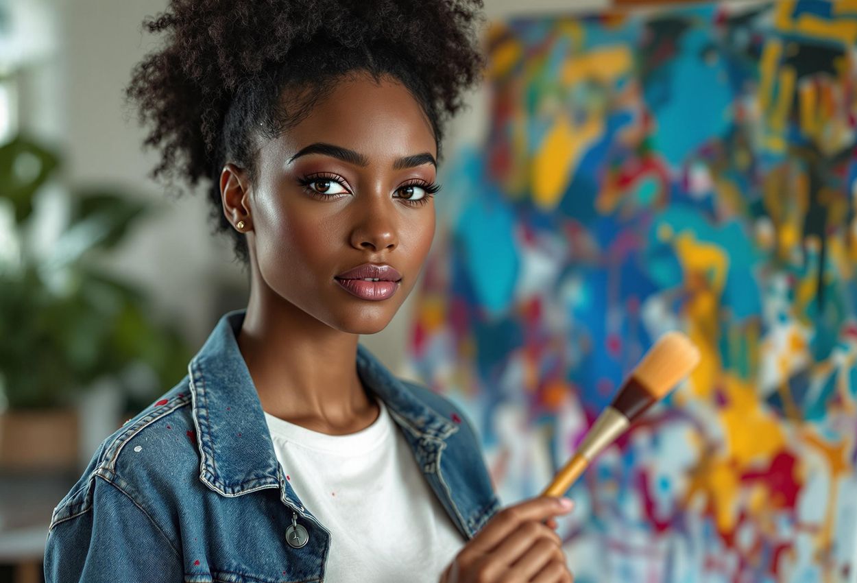 A close-up photo of a young woman of color, an artist, holding a paintbrush in front of her vibrant canvas. The image captures the essence of creativity, determination, and self-expression.