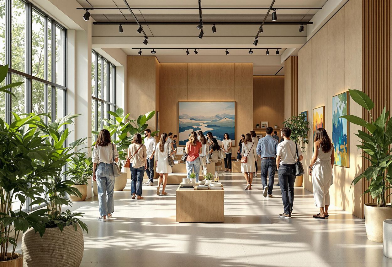 A daytime interior shot of a sustainable art gallery, showcasing its eco-friendly design, energy-efficient lighting, and visitors admiring ethically sourced art.