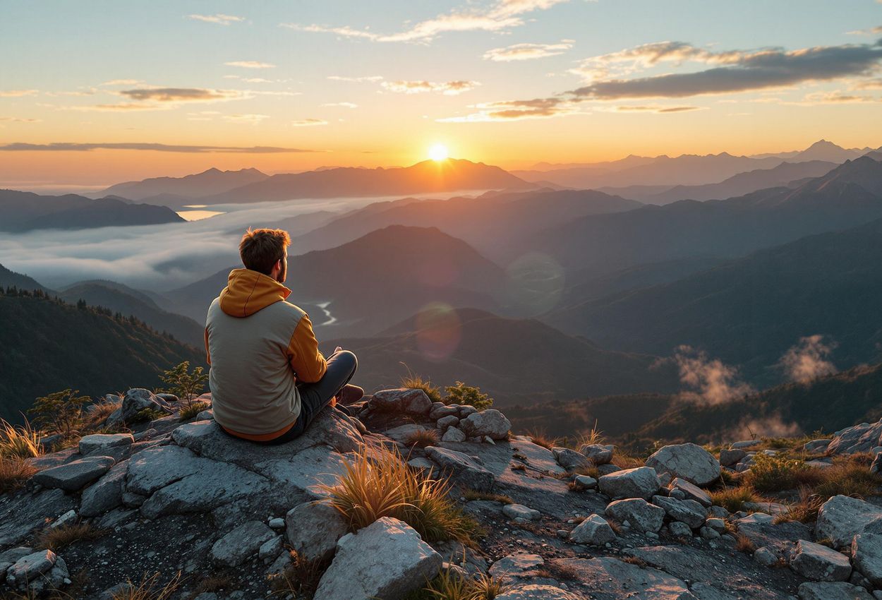 A lone traveler sits peacefully on a mountaintop, watching the sunrise over a vast and inspiring landscape. The photo captures a moment of quiet reflection and connection with nature.