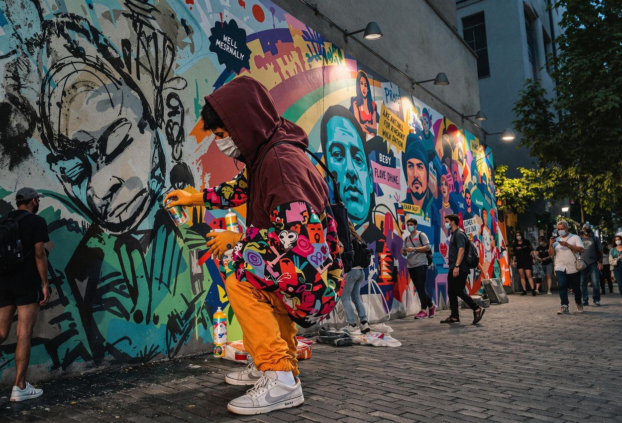 A photograph capturing a street artist creating a mural challenging political oppression in a public space at dusk. The image emphasizes the intensity and drama of art as a form of protest.