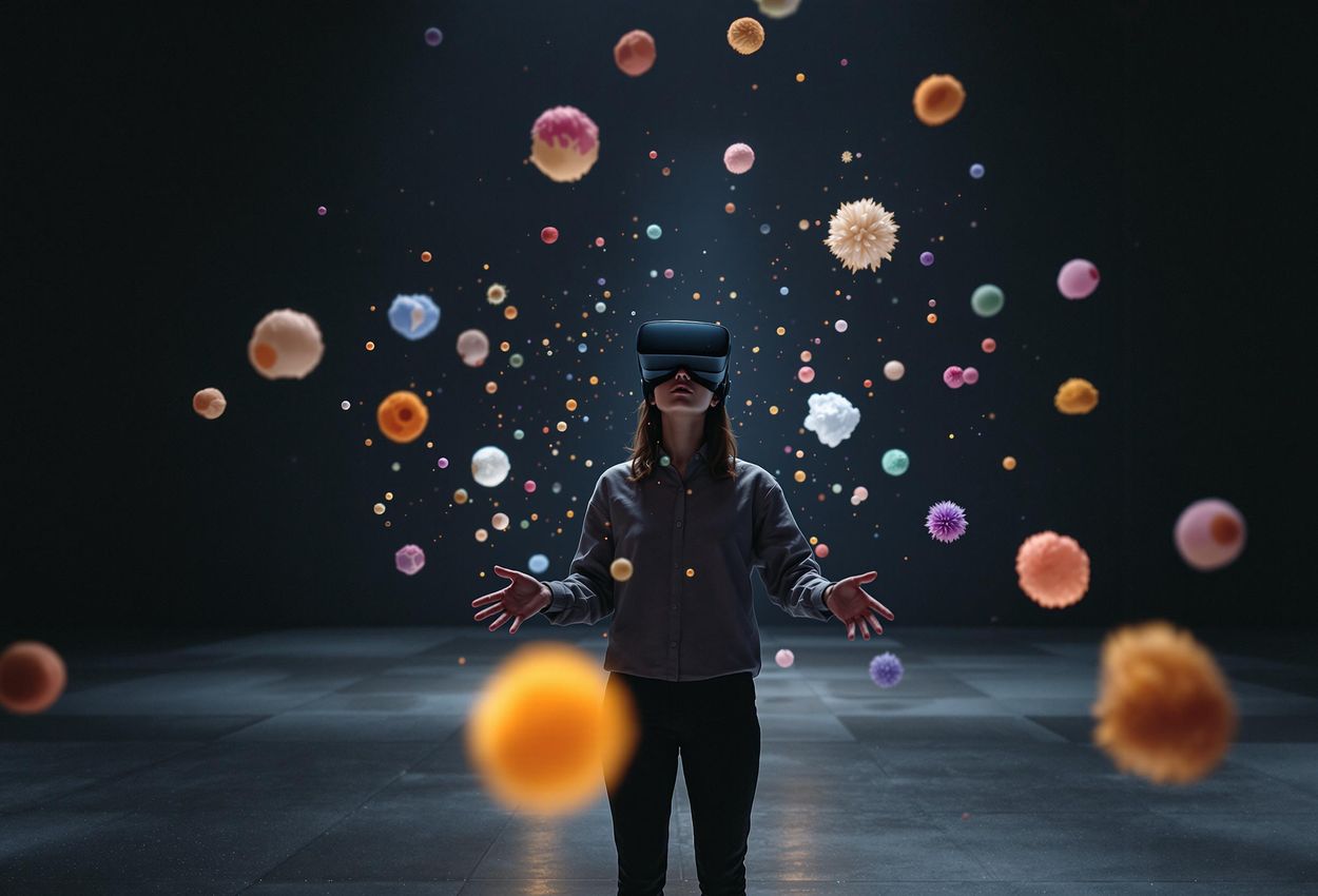 A person wearing a VR headset is surrounded by floating abstract shapes and colors in a darkened room, fully immersed in a virtual art experience.
