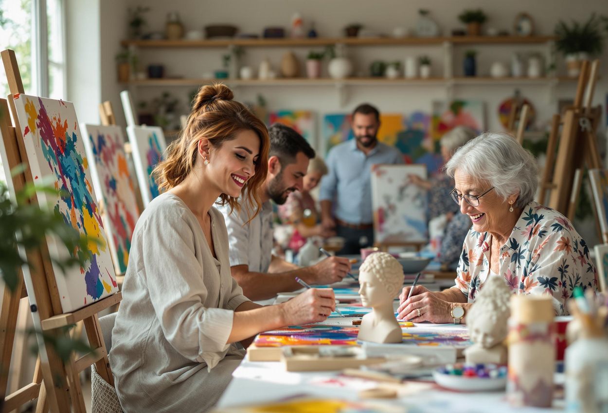 A candid photograph capturing a diverse group of people engaged in an art therapy session, creating colorful paintings and sculptures in a relaxed and supportive environment.