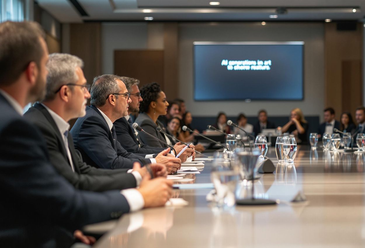 A photograph capturing a panel discussion on the ethical implications of AI-generated art, featuring artists, technologists, and ethicists in a modern conference setting.