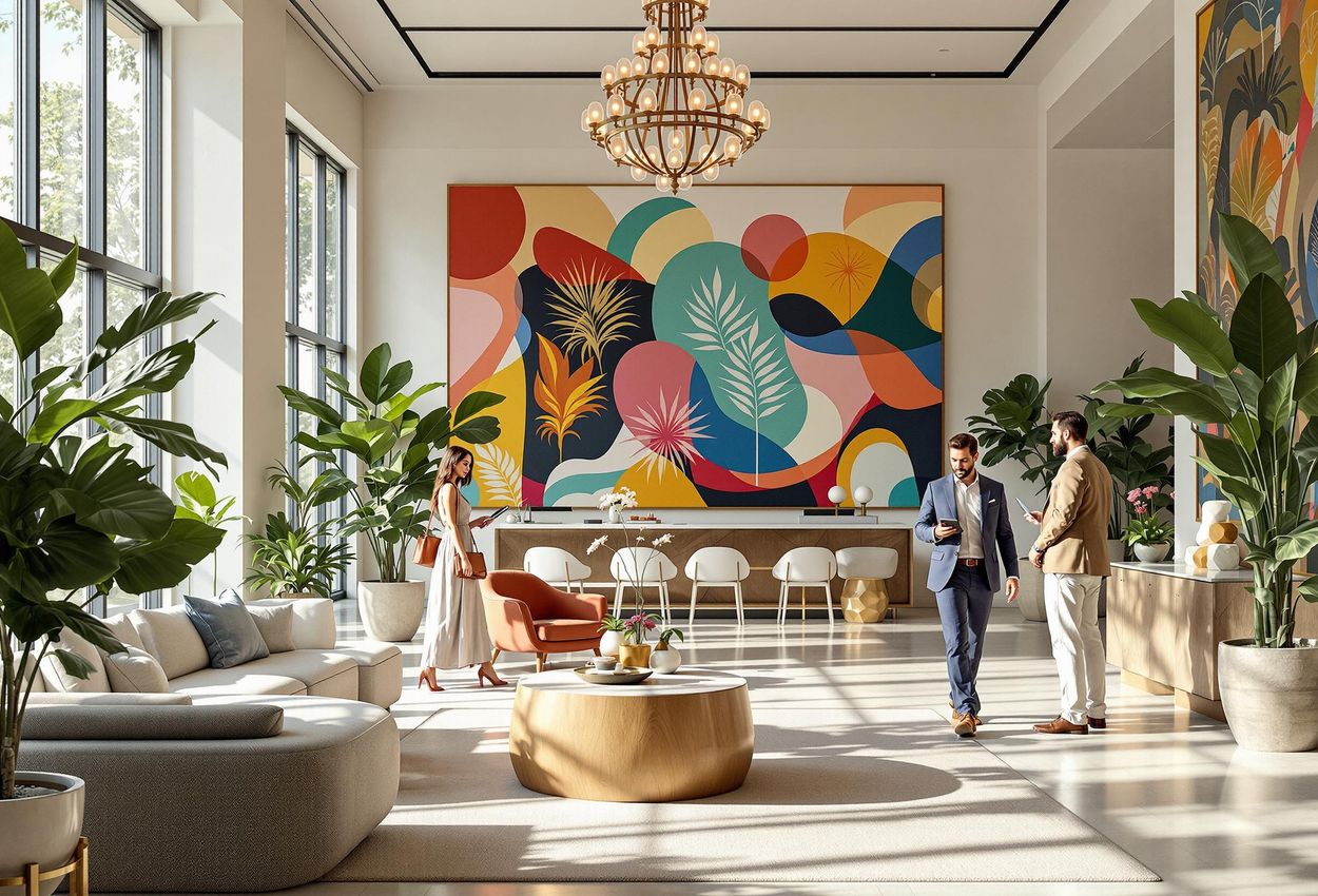 A photograph of a brightly lit hotel lobby featuring colorful murals and sculptures by local artists. Guests are seen admiring the artwork and interacting with hotel staff.