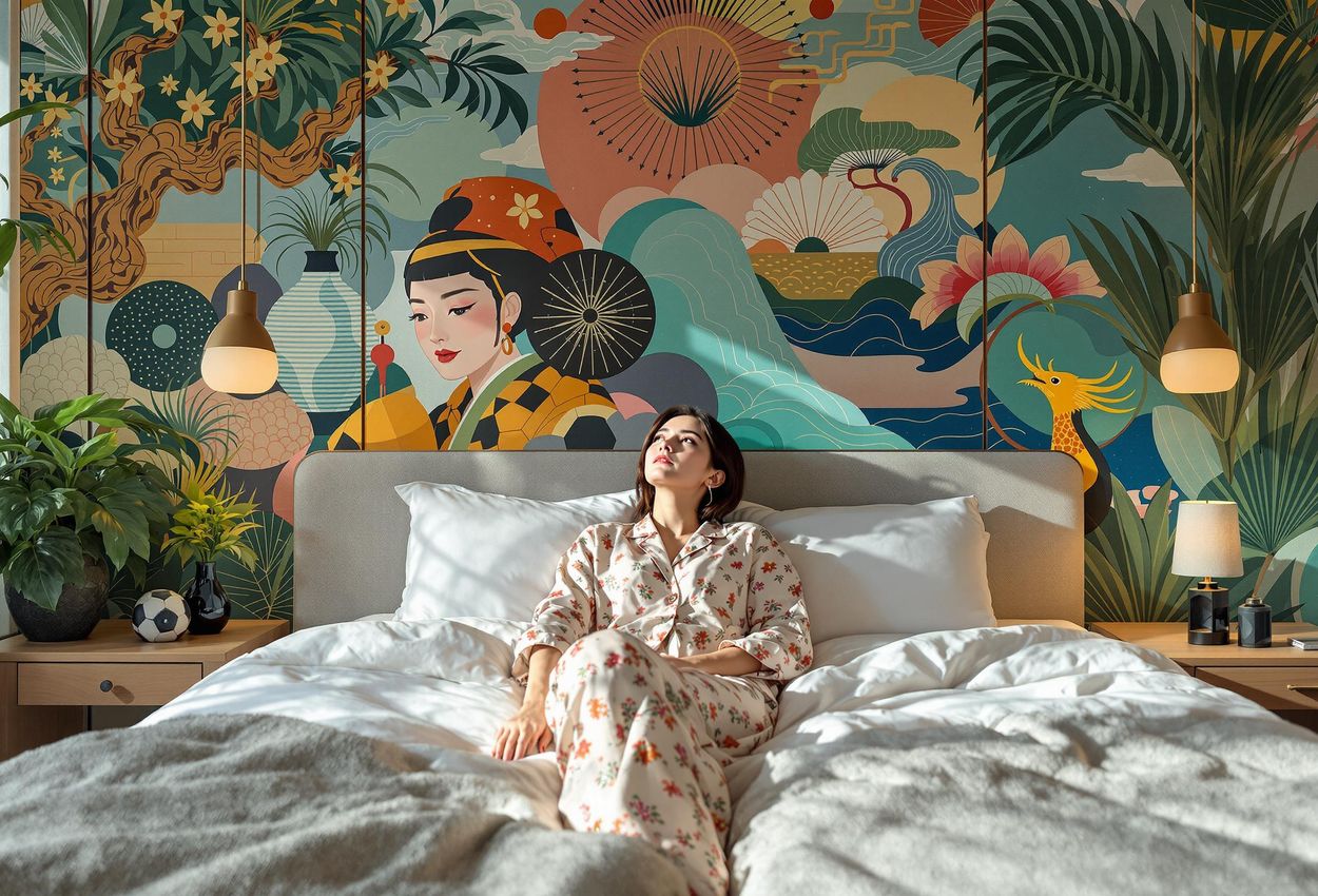 A guest is seen relaxing in a vibrant, art-filled room at the BnA Hotel Kyoto, surrounded by colorful murals and unique design elements.
