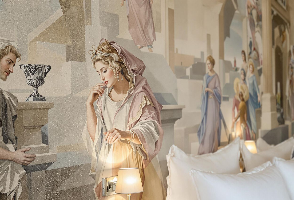 A close-up photograph of a digitized mural based on Mdina Cathedral Museum artwork inside the Melior Boutique Hotel in Valletta, Malta.