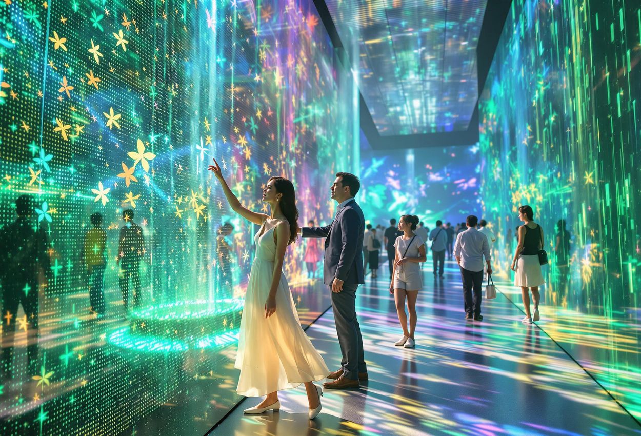 A wide-angle photograph captures visitors interacting with vibrant digital art installations at teamLab Borderless in Tokyo, showcasing the seamless integration of art and technology in a boundary-free environment.