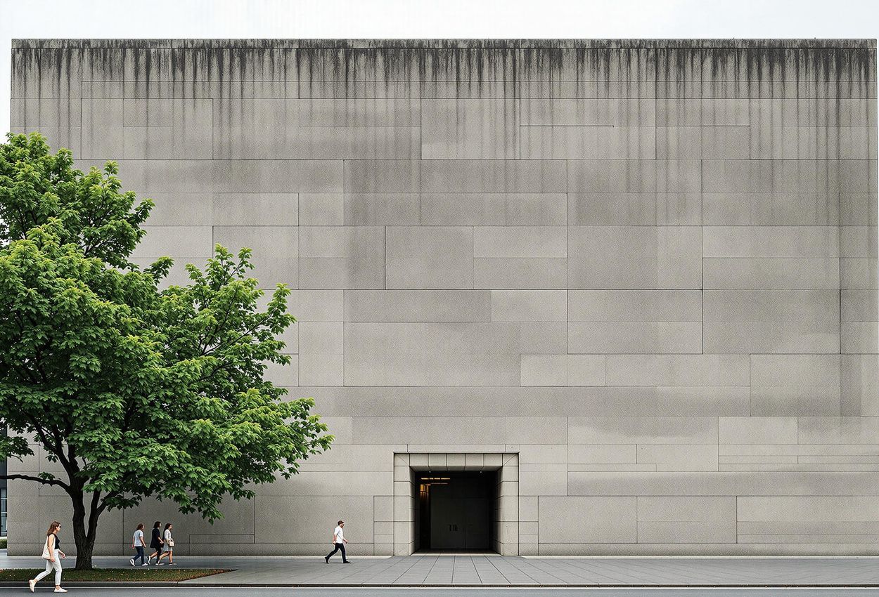 A photograph of the Sammlung Boros in Berlin, showcasing its imposing concrete facade and unique architectural design.