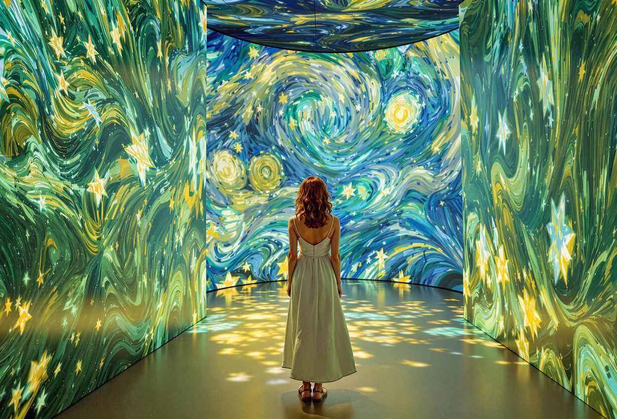 A photograph capturing a visitor experiencing the vibrant and immersive Van Gogh exhibition in London, surrounded by swirling projections of his iconic artwork.