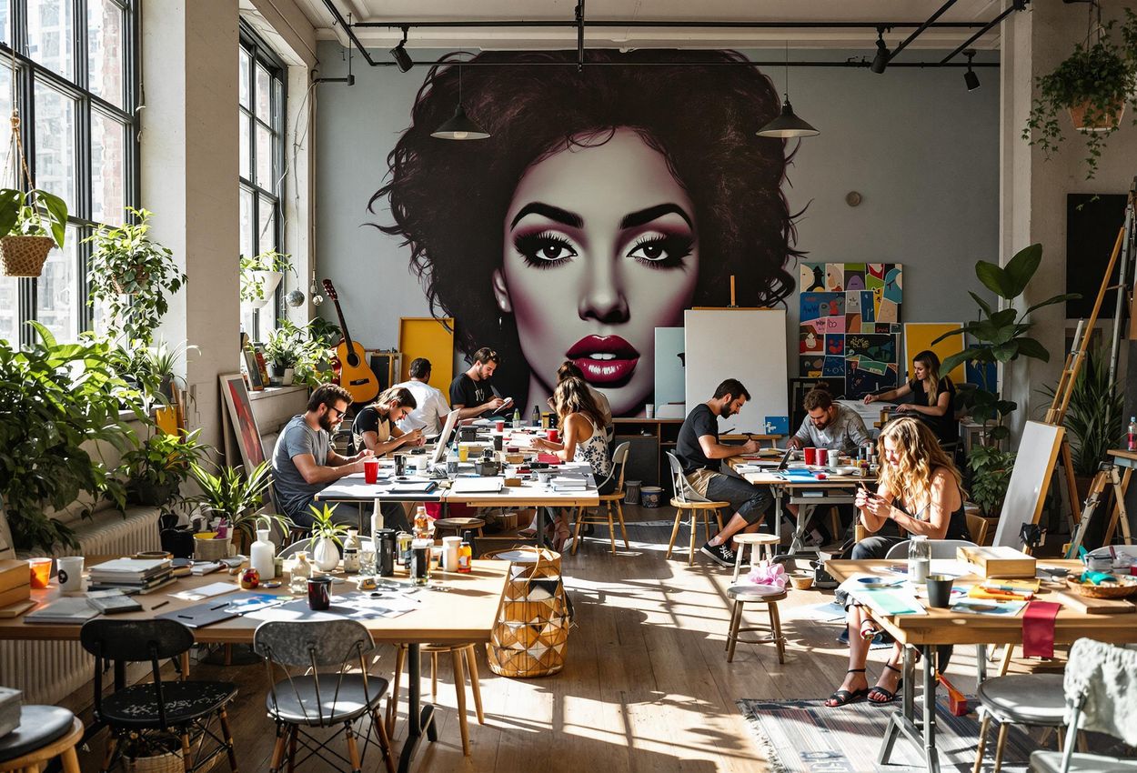 A photograph showcasing the communal workspace at the Untitled Freeman Alley Hotel in the Lower East Side, New York, filled with artists and art supplies.