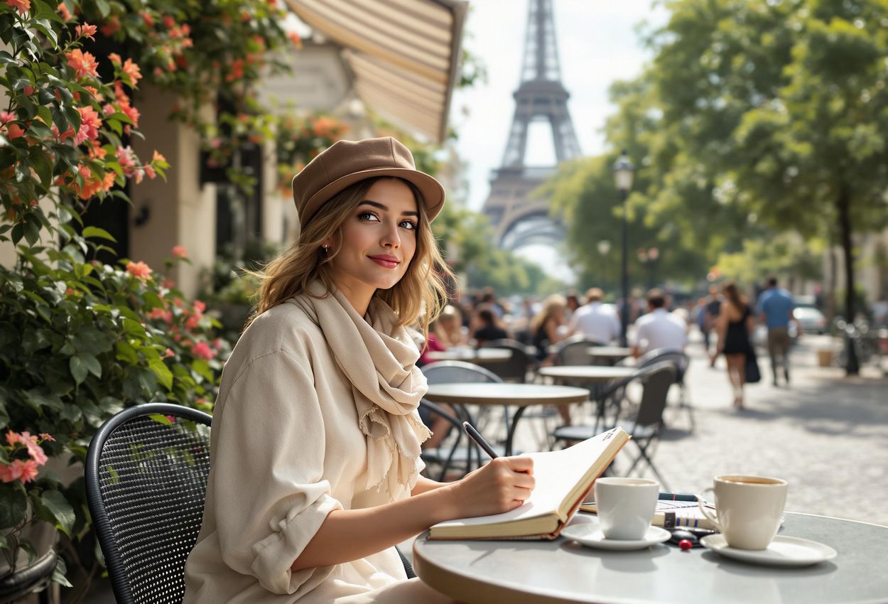 A candid photograph capturing a young woman sketching at an outdoor cafe in Paris on a sunny July day, with the Eiffel Tower in the background.