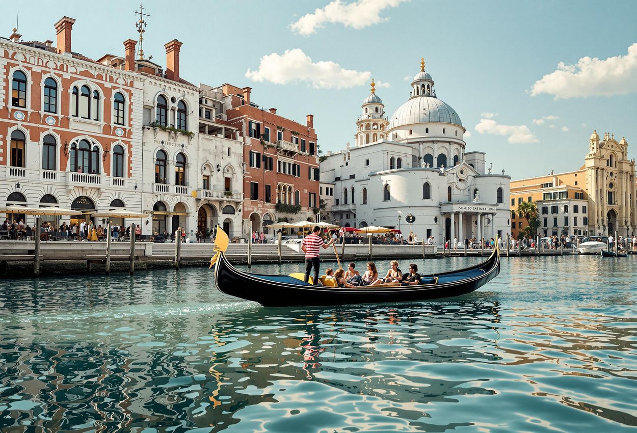 A wide-angle photograph of a gondola gliding along the Grand Canal in Venice during the Biennale, with the Peggy Guggenheim Collection in the background, capturing the city