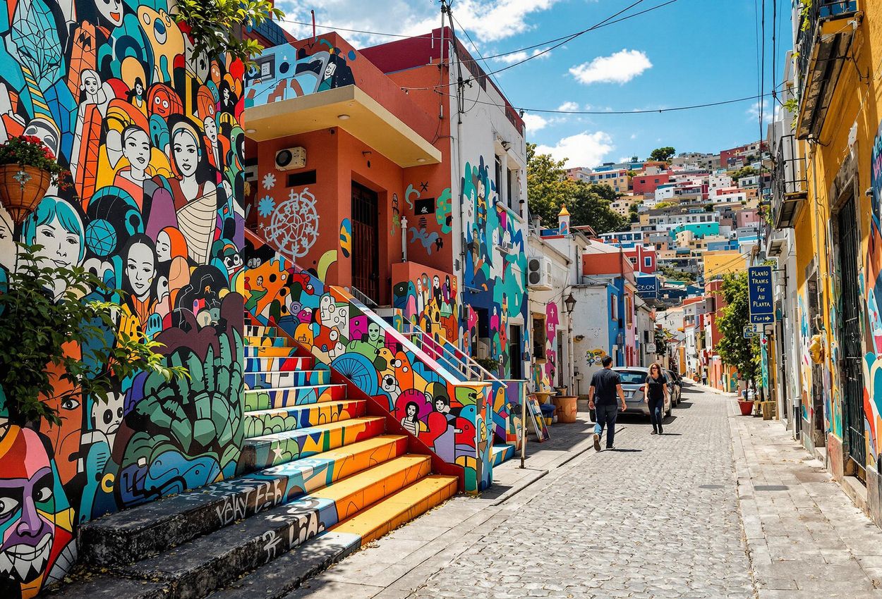 A vibrant photograph capturing the colorful street art scene in Valparaíso, Chile, showcasing the city