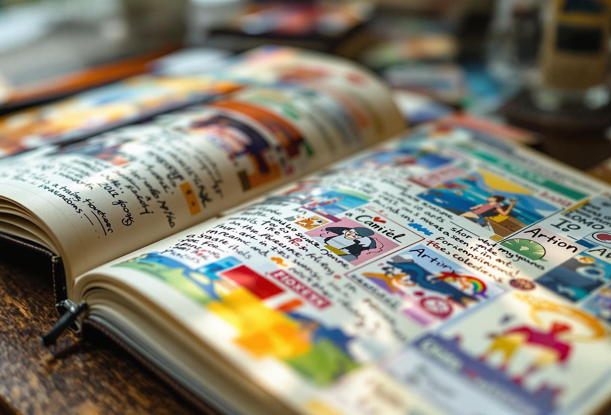 A close-up photo of an open travel art journal filled with sketches, notes, and ticket stubs, capturing the essence of artistic travel experiences.