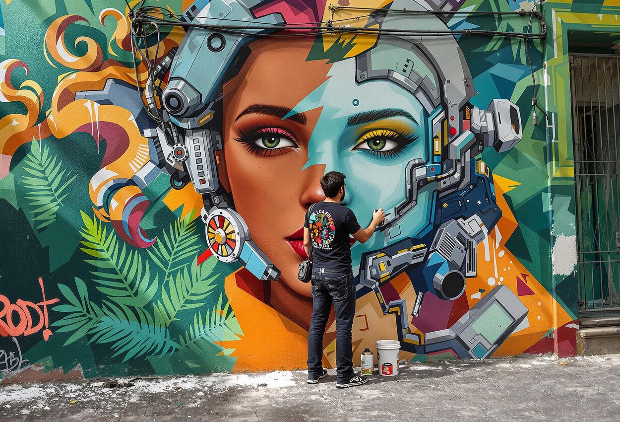 A photograph capturing a local artist adding finishing touches to a colorful mural in the Roma Norte neighborhood of Mexico City. The image showcases the artistry and cultural significance of the street art scene.