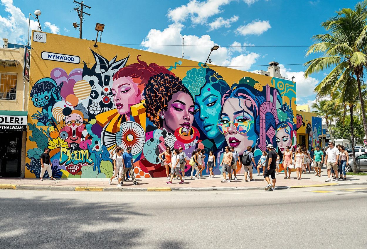 A captivating street scene at Wynwood Walls in Miami, showcasing colorful murals and stylish visitors exploring the outdoor art museum on a sunny afternoon.