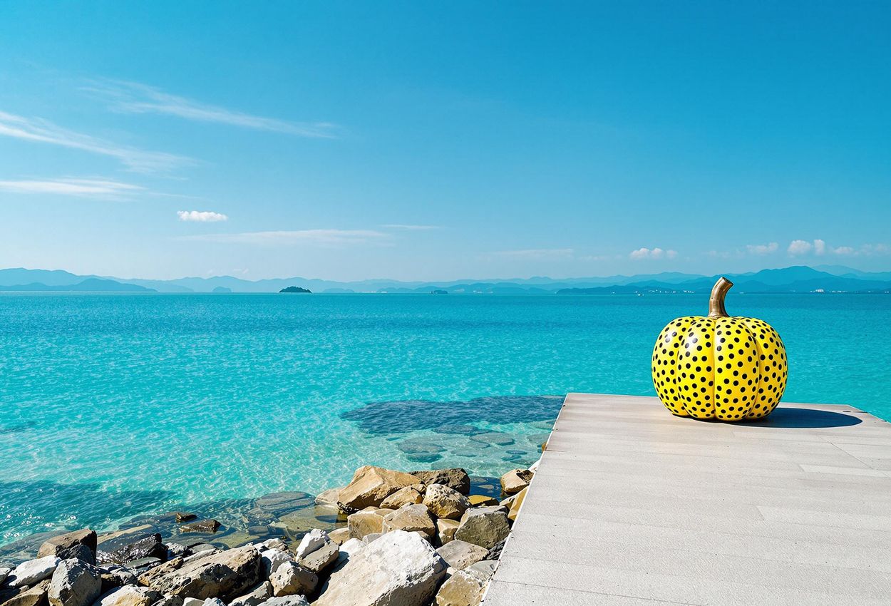 A serene landscape photograph of Yayoi Kusama