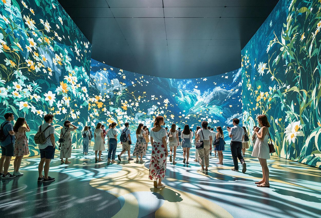 A wide-angle photograph capturing visitors immersed in the Immersive Museum in Osaka, surrounded by projections of Impressionist and Ukiyo-e art, creating a unique and awe-inspiring cultural experience.