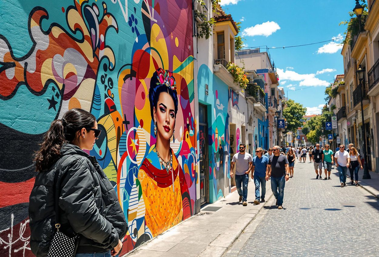 A captivating photograph capturing the colorful street art scene in Buenos Aires, showcasing the city